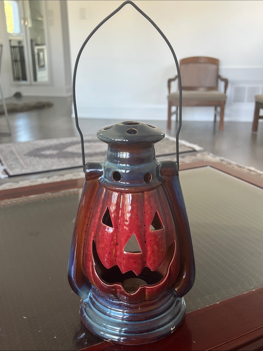 Hand-Painted Ceramic Pumpkin Lantern - Red/Blue -